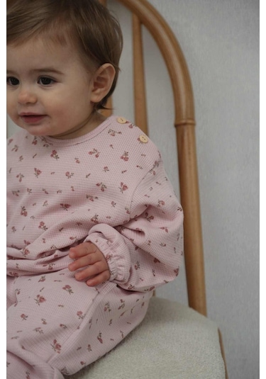 Pembe Çiçek Baskılı Şalvar Takım Pembe