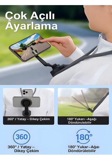 360 Ayarlanabilir N52 Mıknatıslı Magsafe Boyun Askılı Telefon Tutucu Eller Serbest Kullanım Siyah Siyah