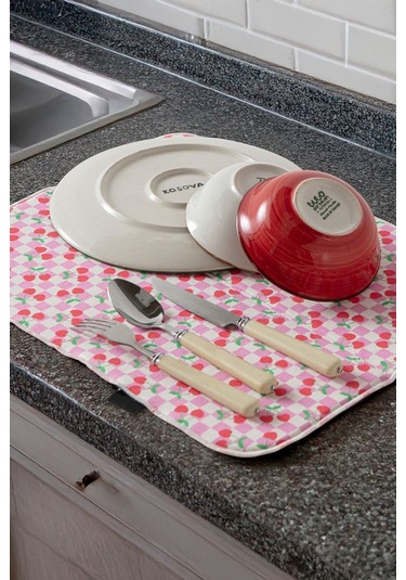 Bulaşık Kurutma Örtüsü, Bulaşıklık, Tezgah Üstü Bulaşık Matı, Süper Emici Mutfak Matı, Kiraz Desen Çok Renkli