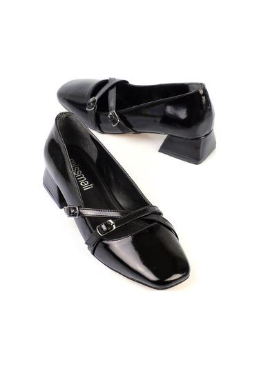 Shoetek Elvinya Kadın Stiletto Kalın Topuklu Çapraz Bantlı Tokalı Küt Burunlu Ayakkabı Siyah Rugan Siyah Rugan