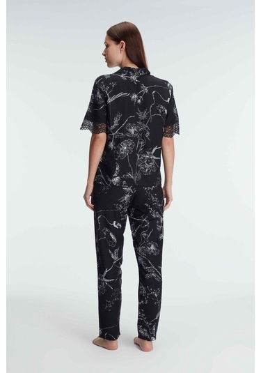 Anıl 9895 Yarım Kollu V Yaka Kadın Viskon Çiçek Desenli Yazlık Dokuma Dantel Detaylı Pijama Takımı 001