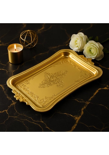 6 Adet Plastik Kahve Sunumluk Tepsi Servis Tepsisi 18 30cm Altın