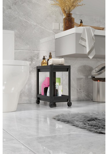 Maja Siyah 2 Katllı Tekerlekli Raf Raf, Banyo Dolabı Düzenleyici Siyah