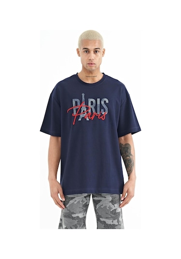 Tommy Lıfe Indigo Yazı Nakışlı O Yaka Oversize Erkek T-shirt - 88223 T11er-88223 001