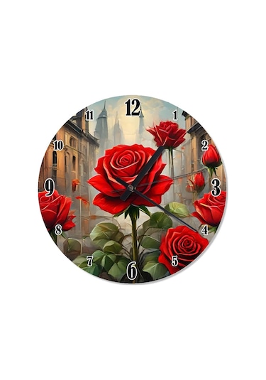 Kırmızı Güller Şekilli Duvar Saati Kırmızı