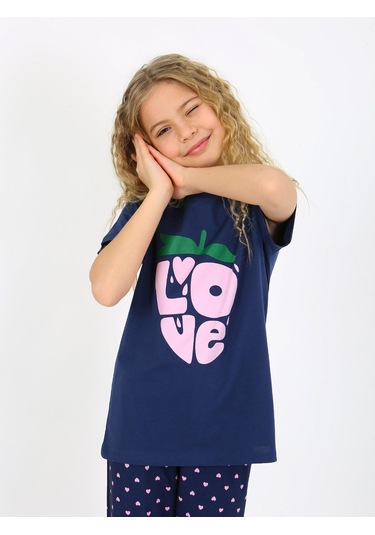 Kız Çocuk Kısa Kollu %100 Pamuklu Pijama Takımı Cute Love Lacivert