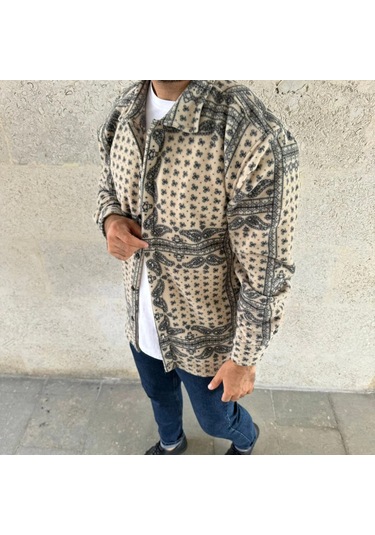 Erkek Polar Fermuarlı Sweatshirt - Kapüşonsuz, Cepli, Yumuşak Dokulu, Oversize Rahat Kalıp, Kışlık Sıcak Tutan Fermuarlı Üst - Bej Siyah