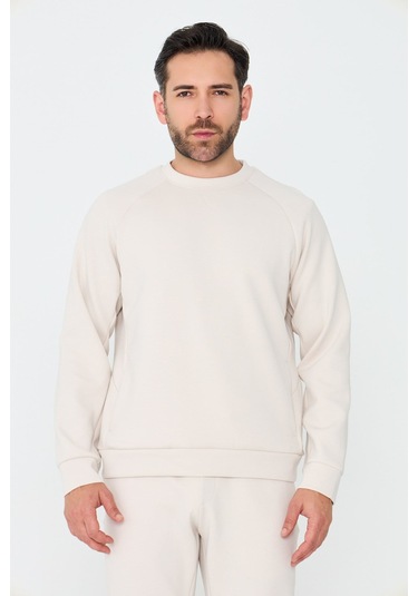 White Stone Kırık Beyaz Pamuklu Erkek Basic Sweatshirt Off-whıte