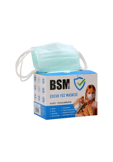 Bsm Yassı Lastikli Cerrahi Çocuk Maskesi 50 Adet