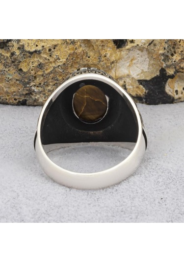 Cami Motifli Kaplan Gözü Taşlı 925 Gümüş Erkek Yüzük