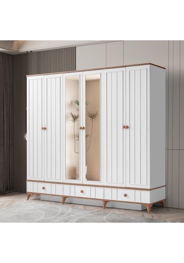 Beenal Sıla 6 Kapaklı Gardırop Çekmeceli Dolap 230cm. Beyaz-a.çam