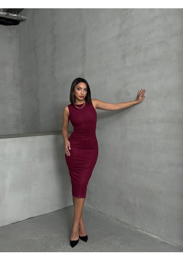 Kadın Tüllü Kolsuz Elbise Bordo