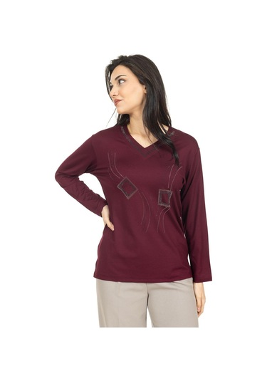 Kadın Orta Yaş Ve Üzeri Yeni Model V Yaka Taş İşlemeli Anne Penye Bluz 30560-vişne Çürüğü