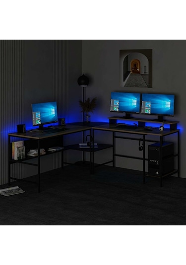 Minar Greta Rgb Led Işıklı L Köşe Çalışma Masası Dore Siyah