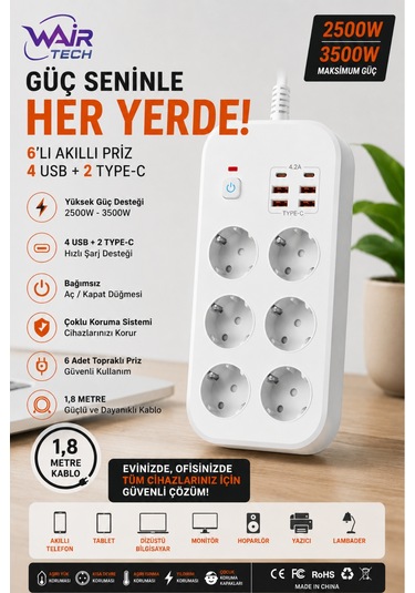 6'lı Topraklı Grup Priz 4 Usb 2 Type-c Hızlı Şarj 1.8 Metre Kablo Aşırı Yük Korumalı 1.8 M