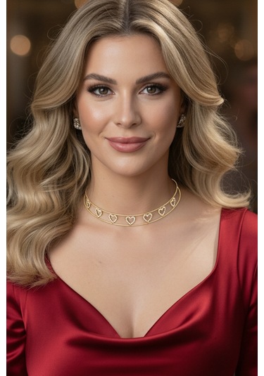 Caş Dekorasyon Altın Renk Kalpli Taşlı Choker Kolye Altın
