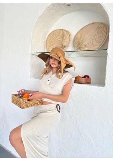 Uzun Etekli Bluz Takım Keten Krem S255852 Krem