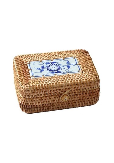 El Yapımı Rattan Saklama Kutusu - Ahşap Kapaklı Makyaj Organizatörü - Mavi-beyaz Porselen Detaylar - Ahşap Renk - 16x12x6cm Ahşap
