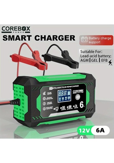 Xuweiwei Yeşil Lcd Ekranlı 12v 6a Araba Akü Şarj Cihazı Agm Derin Döngü Gel Kurşun Asit Ve Lityum Demir Fosfat Aküler İçin İdeal Akü Dahil Değil