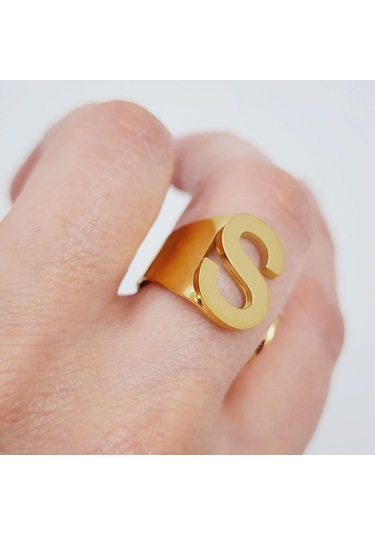 Çelik Gold Düz Kesim Harf Yüzük -s Harfi- Ayarlı Ölçü-1906