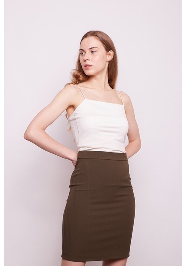 Yüksek Bel Diz Üstü Likralı Pamuklu Şık Kumaş Kalem Etek-Haki