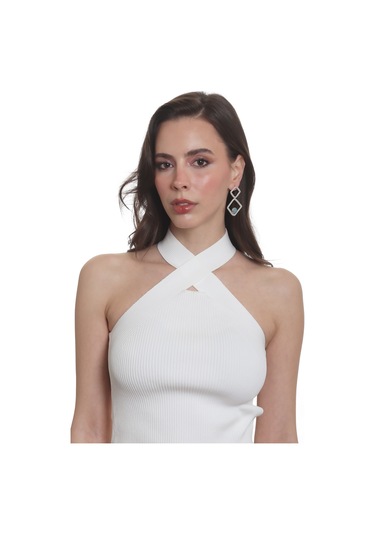 Labalaba Kadın Lak Gümüş Renk Doğaltaşlı Çivili Model Geometrik Formlu El Yapımı Küpe Gümüş - Açık Mavi