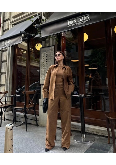 Süet Gömlek Palazzo Pantolon İkili Takım - Kahve Kahve