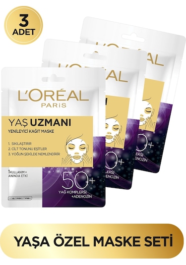 L'Oreal Paris Yaş Uzmanı 50+ Yenileyici Kağıt Yüz Maskesi 3'Lü