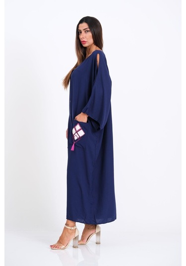 Kadın Lacivert V Yaka Omuzu Pencereli Cepleri Ve Sırtı Aplike Nakışlı Püsküllü Oversize Uzun Gömlek Elbise - Lacivert
