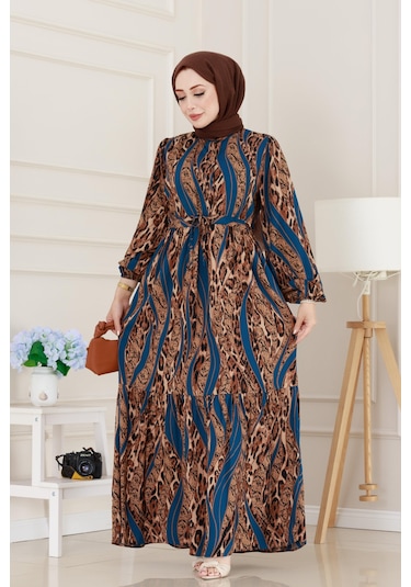 Sevitli Leopar Desenli Beli Tünelli Viscon Elbise-mavi-5089 Mavi