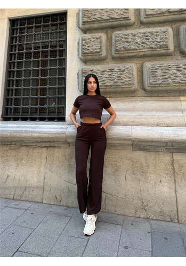 Kahve Modal Elastan Bisiklet Yaka Takım Kahve