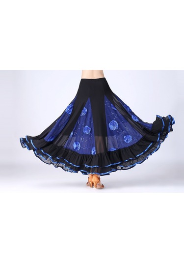 Sones Pullu Çiçek Salıncak Modern Dans Eteği Kraliyet Mavisi Siyah - Mavi