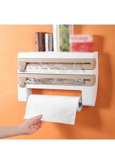 Trendooze 3'ü 1 Arada Mutfak Depolama Rafı Plastik Sarma, Yapışkan Film, Folyo Dağıtıcı, Film Depolama Rafı, Kesici, Kağıt Havlu Tutucu, Rulo Kağıt Havlu Rafı Haki Gt Haki