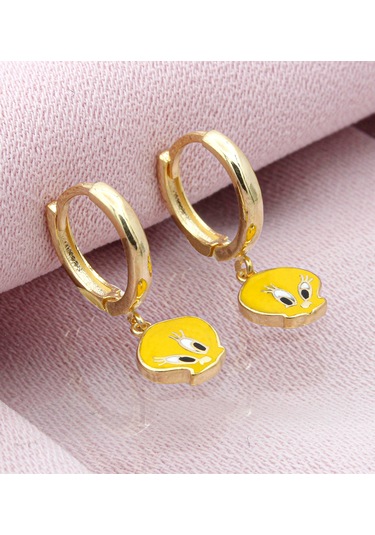 Gümüş Sarı Mineli Kuş Çocuk Küpesi