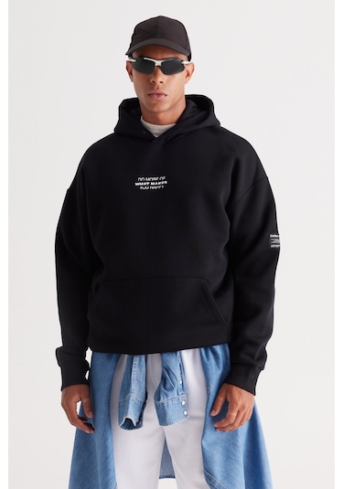 AC&Co / Altınyıldız Classics Erkek Sıyah Oversize Fit Bol Kesim Kapüşonlu İçi Polarlı Pamuklu  Sweatshirt Siyah