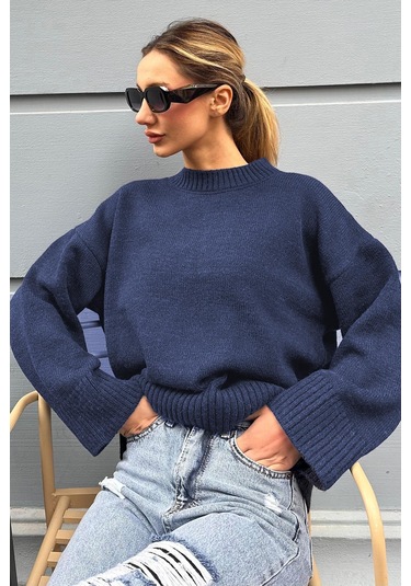 Lacivert Bisiklet Yaka Oversize Triko Kazak Mg1972 Lacivert