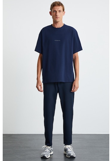 GRIMELANGE Rıver Erkek Oversize Fit Bol Kesim Nakış Işlemeli Basic Örme Lacivert T-shirt Lacivert