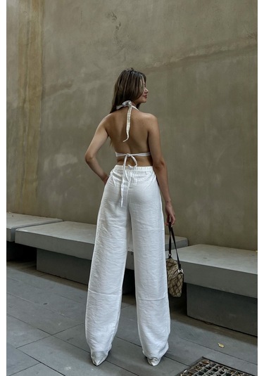 Pembe Keten Karışımlı Bol Kesim Pantolon Beyaz