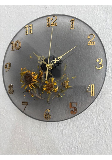 Ayçiçeği Temalı Gold Detaylı Epoksi Duvar Saati Özel Tasarım - Tek Üretim - 30 Cm Siyah
