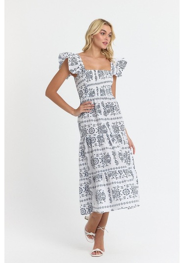 Apsen Kadın Beli Gipeli Kolu Fırfır Detaylı Midi Dokuma Elbise 4510-105 Beyaz