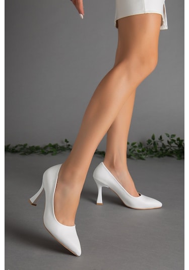 Cilt İnce Topuk Beyaz Kadın Stiletto-2105-Beyaz