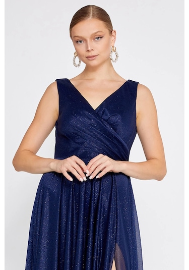 Doridorca Kadın Büyük Beden Sim Detaylı Kolsuz Maxi Abiye Elbise 6111 Lacivert Lacivert