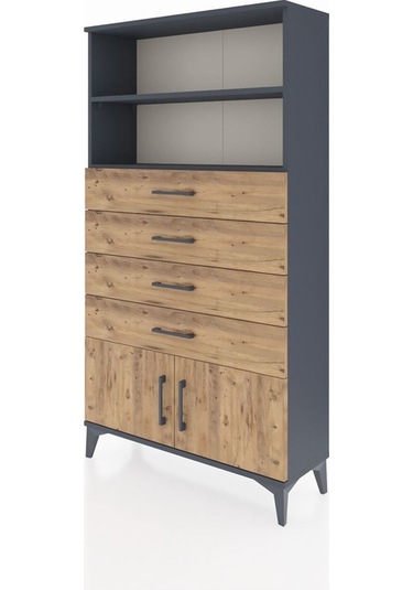 Arges Dolap 2 Raflı 4 Çekmeceli 2 Kapaklı 88x30x163 Antrasit-çam Antrasit