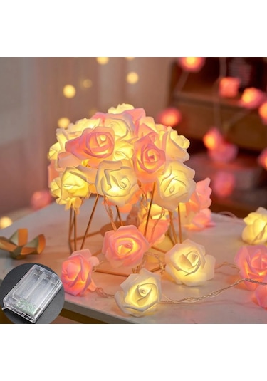 Youmex 3m 20 Led Yapay Gül Dekoratif Işık Zinciri - Pembe+beyaz Renkli, Nikah/parti/valentine Dekoru Pembe Beyaz