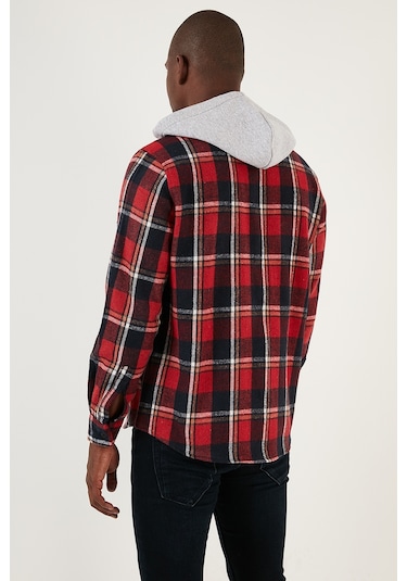 Buratti Ekoseli Çift Cepli Kapüşonlu Oduncu Erkek Gömlek Cf22W2650 Kırmızı-Lacivert