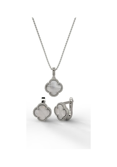 Erdobia 925 Ayar Beyaz Sedef Taşlı Rodyum Yonca Kolye Küpe 2'li Gümüş Set-takım