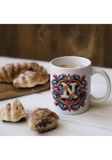 N Harfi Boho Bardak, Renkli Özel Tasarım Hediyelik Harfli Kupa, 330ml Porselen Beyaz