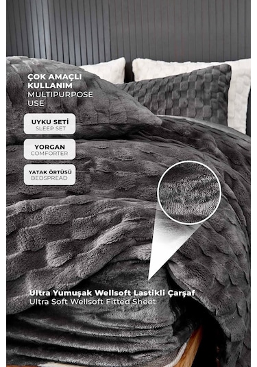 Kürk Yatak Örtüsü Yorgan Uyku Seti Tek Kişilik Çarşaflı Peluş Yumuşak Dolgulu Rody 3 Parça Antrasit