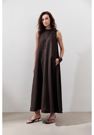 Keten Büzgülü Geniş Elbise Acı Kahve Acı Kahve