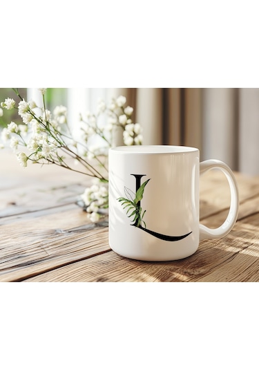 L Harf Zarif Yaprak Desenli Kupa Bardak - Naturel Sade Alfabe Harfli Bardak - Kişiye Özel Hediye Beyaz